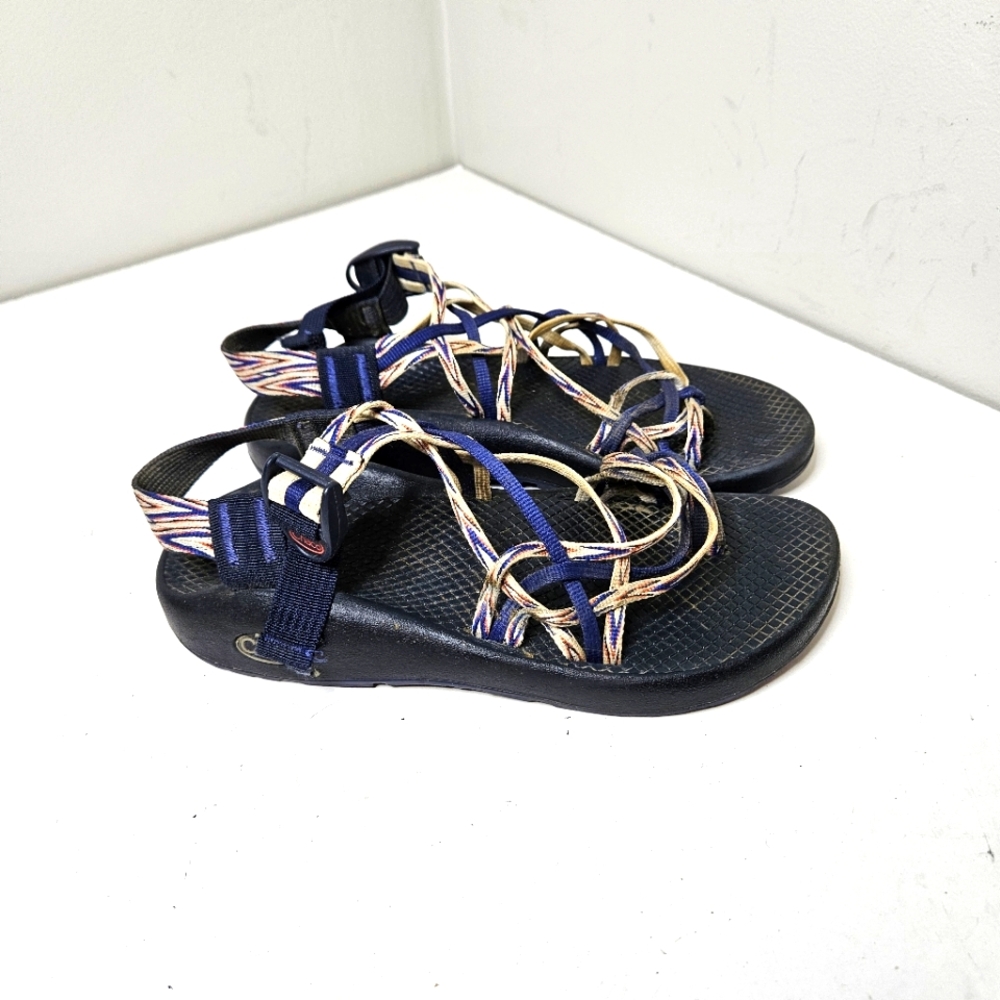 Chaco Zx 3 Triple Strap Sandals Toe Loop Blue Red Zigzag Straps Women's 8